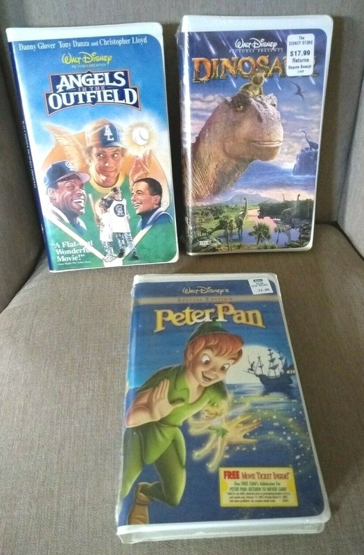 Lot/3 Disney VHS Tapes. Peter Pan, Dinosaur - NEW / Angels in the Outfield Used
