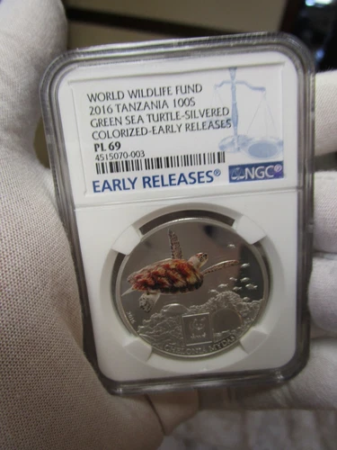 2016 Tanzania Silvered 100 Shillings - Green Sea Turtle - PL69 ER NGC Coin POP=2