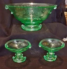 1920s Green Vaseline Etched Depression Glass Bowl & 2 Matching Candleholders