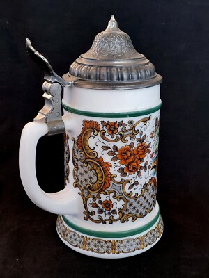 Vintage BMF milk glass German beer stein Bierkrug zinc lid 8.5