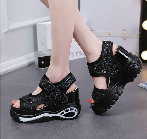 Cuña con Plataforma Para Mujer Brillante Lentejuelas Deporte Sandalias Zapatillas  Taco Alto Zapatos Talla | eBay