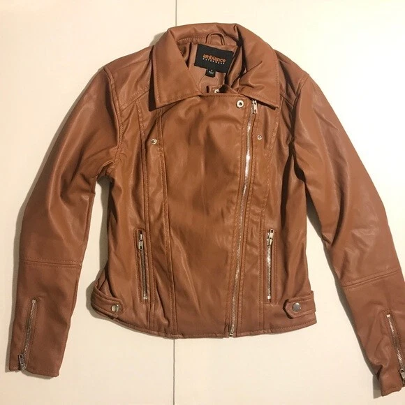 Women's Faux Leather Biker Jacket Tan Size Medium - Image 2 of 4