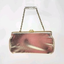 Vintage Metallic Gold Evening Bag lined, Gemstone Clasp, Chain