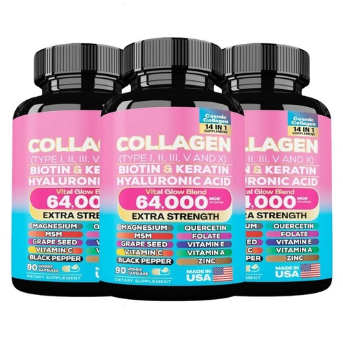 3x Collagen Pills Peptides Types I, II, III, V & X 64,000 MCG Biotin 270 Caps- - Picture 3 of 11