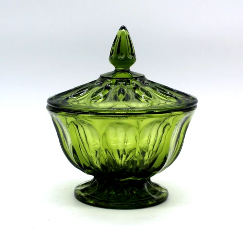 Vintage Anchor Hocking Fairfield Avocado Green Glass Lidded Pedestal Candy Dish