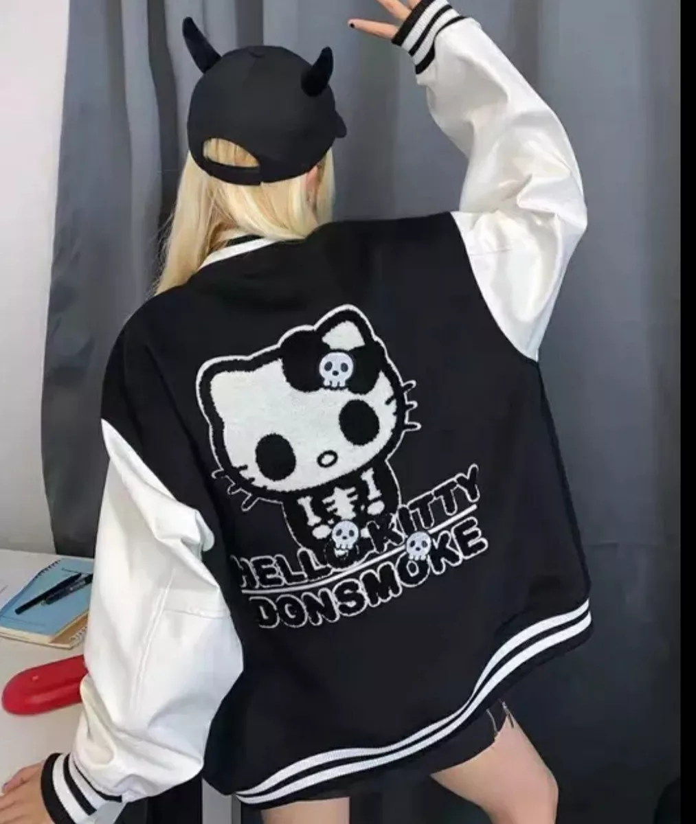 Hello Kitty Donsmoke Black White Varsity Bomber Jacket Coat READ  DESCRIPTION.