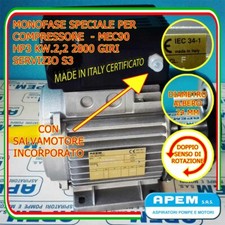 Motore Elettrico Monofase COMPRESSORE 3HP 2,2KW 3CV 2800 Giri ITALIANO V.220/230