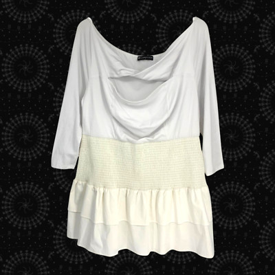 Fashion to Figure Plus Sz 1 1X White Twist Front Cutout Smocked Ruffle Dress