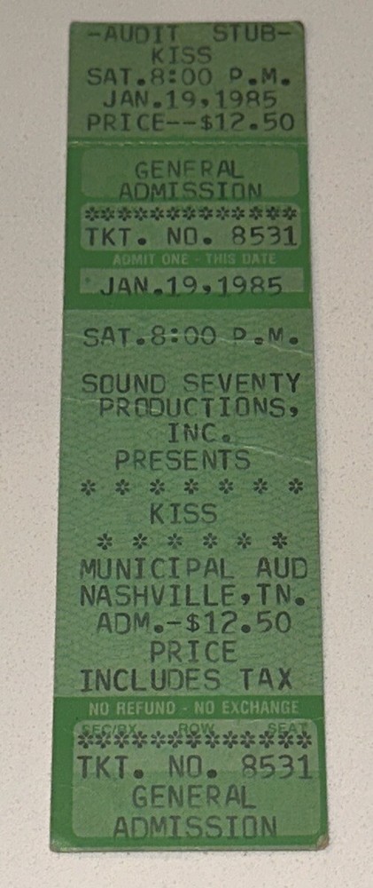 1985 Vintage Kiss Concert Full GA Ticket Stub Nashville Municipal Auditorium