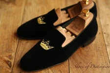 Church's Black Velvet Gold Crown Shoes Loafers Mens UK 8.5 F US 9.5 EU 42.5