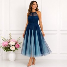 ASOS Navy Tulle Halter Midi Dress UK 8 New Sheer Overlay Party Prom