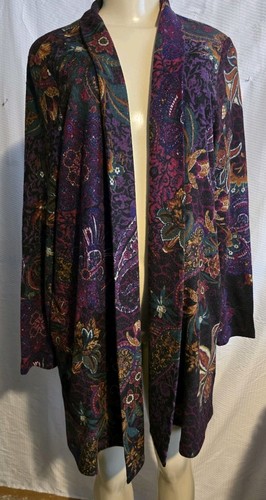 Susan Graver Long Cardigan Duster Open Front Burgundy Fall Print Pockets Size M