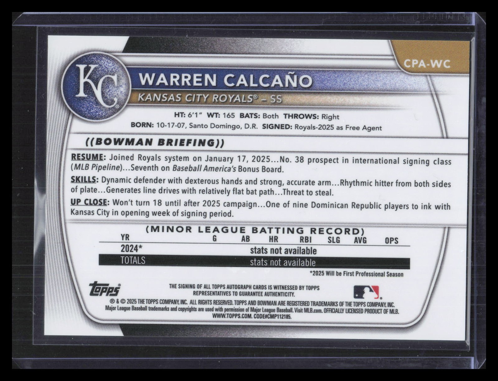 Warren Calcano 1st Bowman Auto Blue Raywave /150 2025 Bowman Chrome #CPA-WC view 2