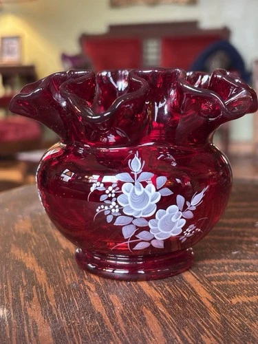 Vintage Fenton Ruby Red Small Ruffled Rose Bowl Vase Hand Painted & Signed 3.75”