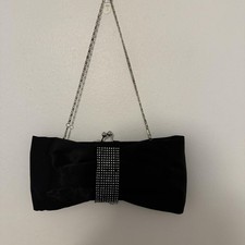 Cach  Black Satin Bow Clutch Evening Bag, Rhinestone Trim, Silver Chain Strap