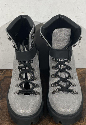 Moncler Carol Lace Up Ankle Boots Women Silver Shimmer Hiking Mid Heel Black S 8