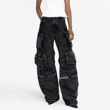 The Attico American Retro Multi-Pocket Overalls, Wide Leg Pants Denim 4 Colors