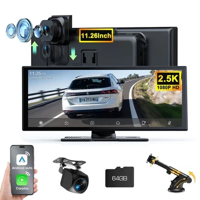 LAMTTO 11.26" Wireless Carplay Screen for Car with 2.5K Dash Cam & 1080P Backup Camera