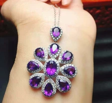 4.30Ct Pear Cut Amethyst Diamond Flower Pendant Free Chain 14K White Gold Finish