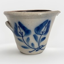 Vintage Salmon Falls Stoneware Pottery Batter Pourer/Crock Blue Iris 1994 4.75&rdquo;H