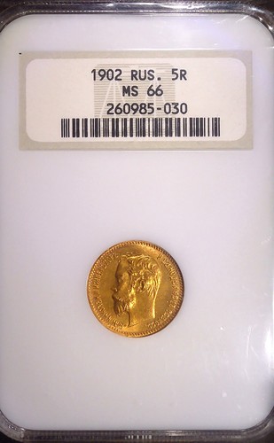 1902 Russia Empire Gold 5 Roubles Nicholas II 5R Russia Gold Coin NGC MS66 (985)