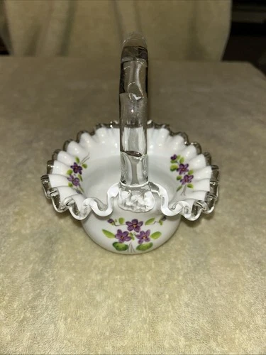Vintage Fenton Silver Crest Violets In The Snow Hand Painted Basket