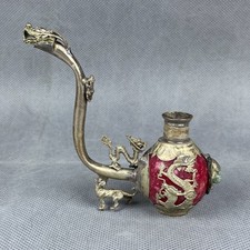 Tibet Silver Inlaid Old Jade Handmade Statue Dragon Phoenix Tiger Smoking Pipe