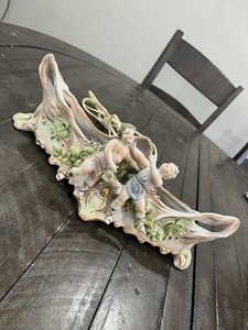 Vtg German Cherub Porcelain Tv Lamp Planter Gold Jardiniere Floral