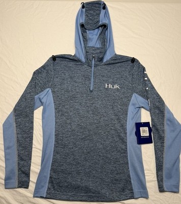 New HUK 1/4 Zip Coldfront Lg Sl Lightweight Hoodie Ice Blue Heather Sz MED 