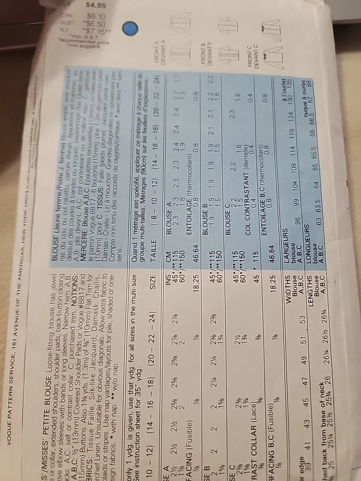 Vintage 80s Easy Very Vogue Shirt Pleated Blouse Pattern 7015 Sz 14/16/18 Uncut - Image 2 of 4