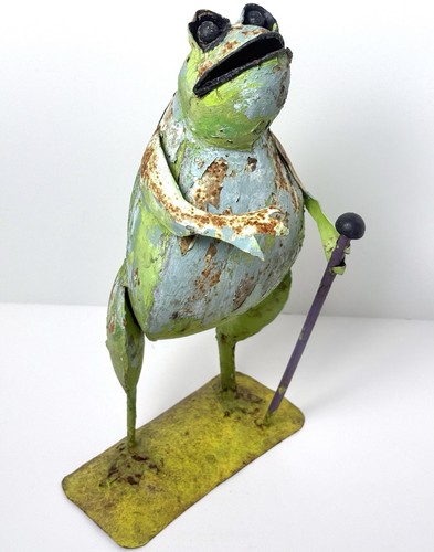 Vintage Folk Art Frog Statue Metal Sculpture Shabby Chippy Paint Rustic 17 in