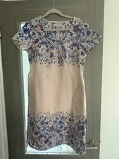 M&S Per Una Beige Floral Print Embroidered Linen Midi Dress Size 14 Fully Lined