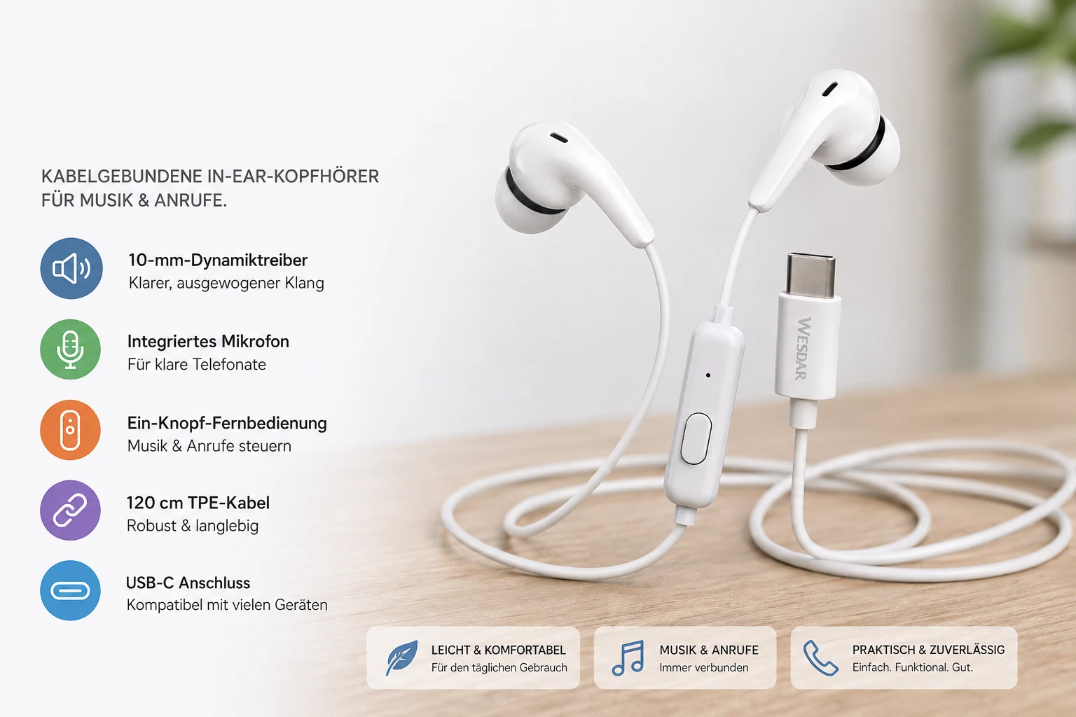 In-Ear Ohrhörer mit 120 cm TPE Kabel Musik und Anrufsteuerung