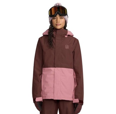 Volcom Women s XS Pink Brown Colorblock Ski Jacket Hooded Zip Mid-Length