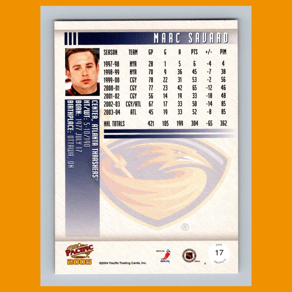 Marc Savard #17 2004-05 Pacific Atlanta Thrashers Hockey Card NHL - Image 2 of 3