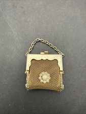Vintage Small Gold Tone Mesh Faux Pearl Flower Coin Purse Keychain Key Charm