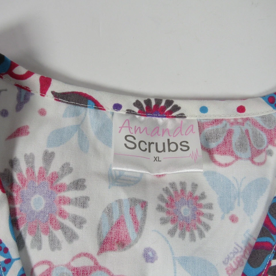 Amanda Scrubs  Multicolored Floral Cinch Back Faux Wrap Scrub Top Size XL NWT - Image 2 of 4