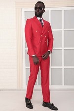 Double Breasted Metal Button Two Piece Slim Fit Red Groomsman Suit