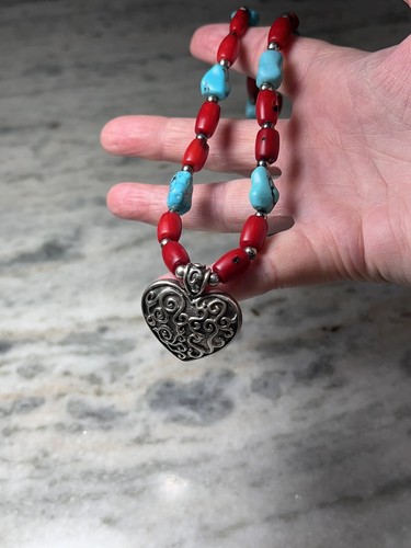 Vintage Lenox Sterling Silver Heart, Turquoise/Red Coral Necklace 19” - Picture 9 of 9