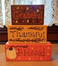 Grateful Thankful Blessed 3 pc set FALL WOOD BLOCK Shelf Sitter THANKSGIVING
