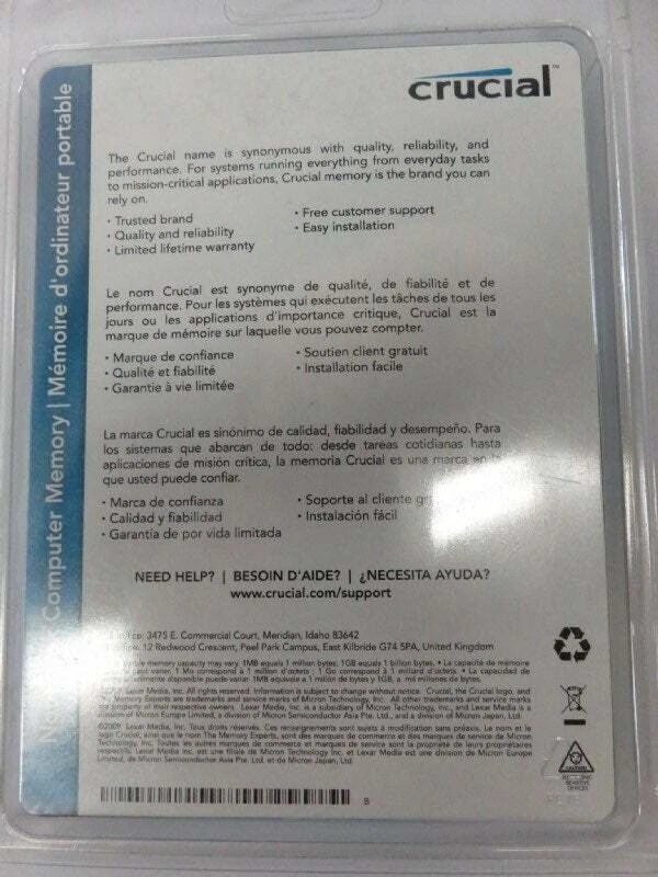 Crucial 2- 2GB 204-PIN SODIMM DDR3  Memory Module 4GB Kit CT2KIT25664BC1339 - Image 2 of 4