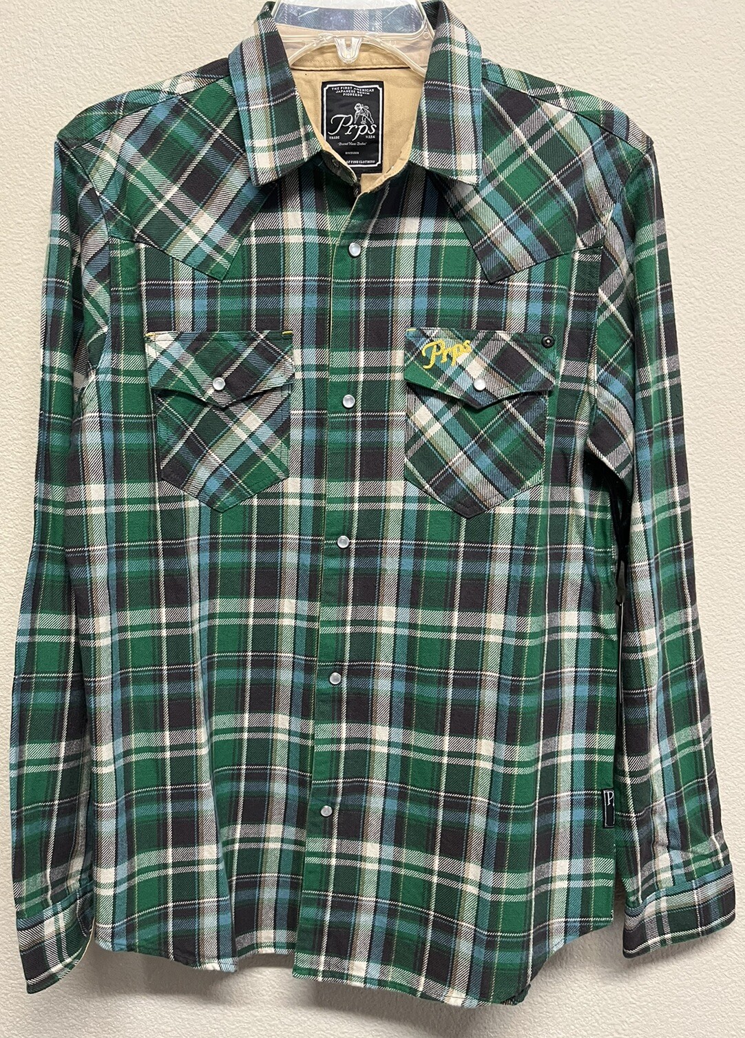 PRPS Jefferson Plaid Snap Button-Up Shirt Green Multi Men’s Size S NEW