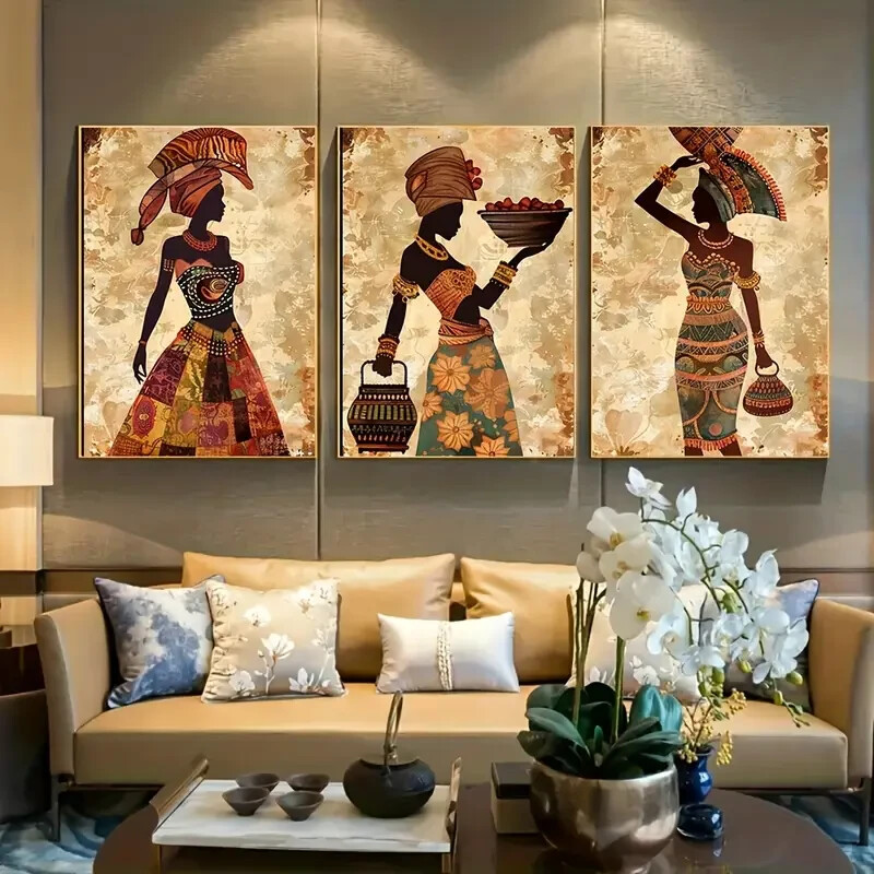 3pcs Vintage African Women Wall Art Set Canvas Unframed