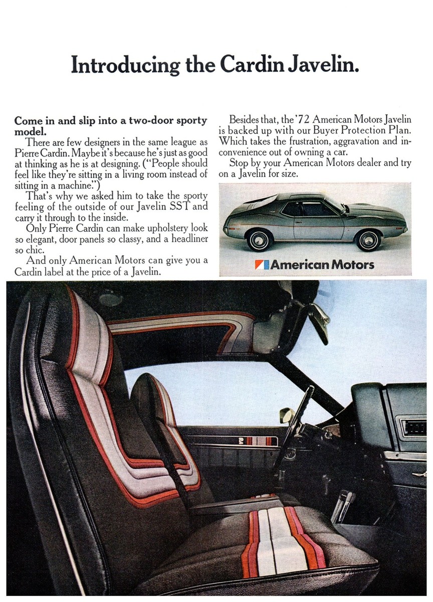 1972 AMC Javelin SST Pierre Cardin 2 Door Coupe Vintage Print Ad