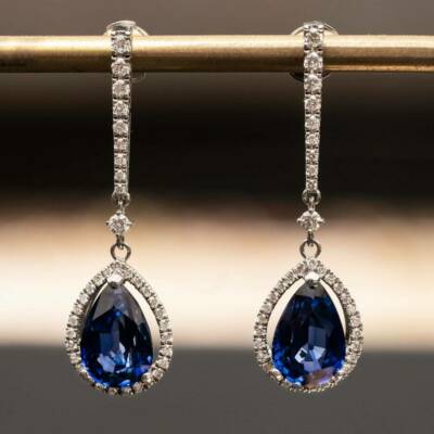 3Ct Pear Lab Created Sapphire Diamond Drop/Dangle Earrings 14k White Gold Finish