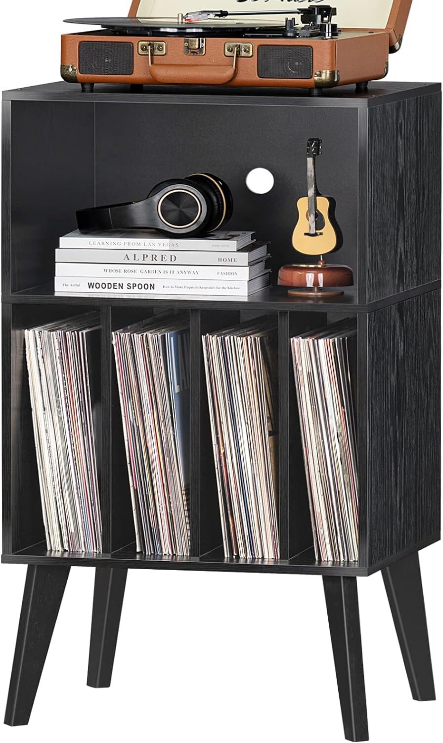 Black Turntable Stand with 160-LP Storage – Compact Record Player Stand-image