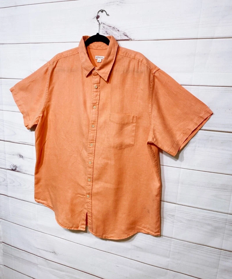 Merona Mens Shirt Size XL Orange Button Up Pocket Short Sleeve 100% Linen - Image 3 of 4