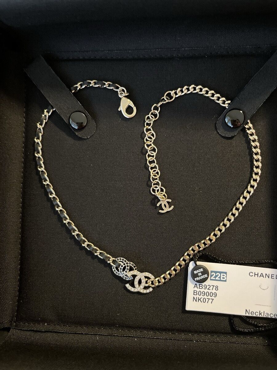 CHANEL Gold Metal Black Leather Double CC Crystal Choker CHANEL Gold Metal Black Leather Double CC Crystal Choker
