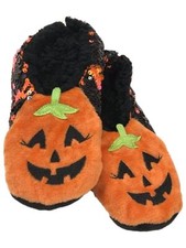 Womens Plush Orange  Black Flip Sequin Halloween Pumpkin Slippers