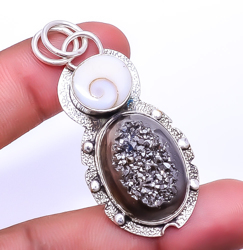 Black Titanium Agate Drusy 925 Sterling Silver Pendant 2.15